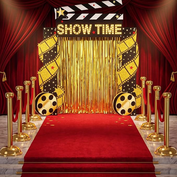Peryiter 5 Pcs Movie Night Party Decorations Set, Movie Theme Door Banners Gold Tinsel Curtains Double Sided Tape for Film Night Party Supplies