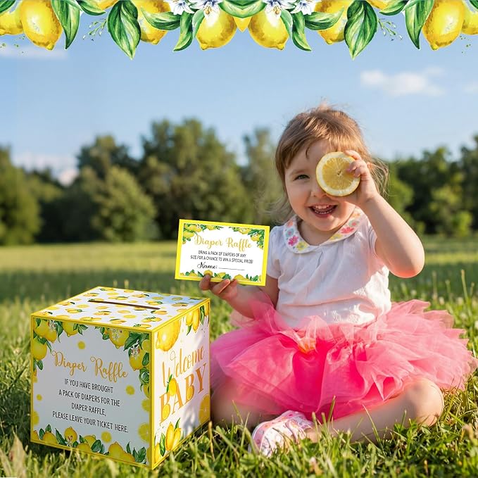Teling 51 Pieces Diaper Raffle Tickets with Card Baby Shower Decorations Gender Reveal Holder Box for Girl Boy Diaper Raffle Party(A Little Lemon is on the Way)