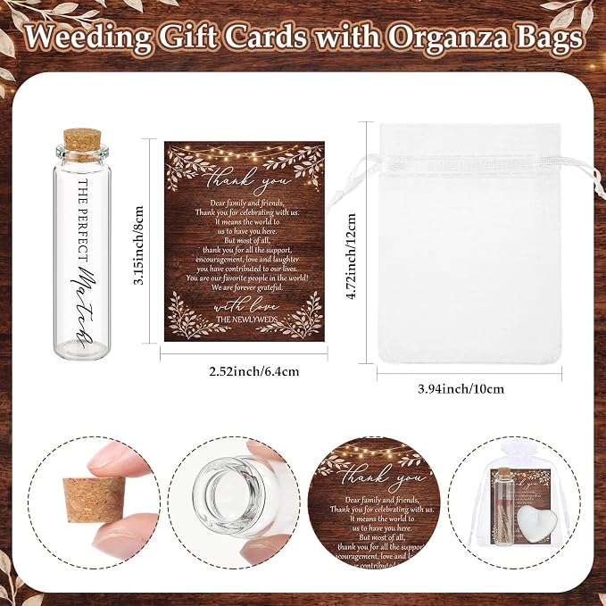 50 Sets Wedding Party Favors for Guests Bulk Including Heart Shaped Candles and Empty Matches Jars with Cork Top Thank You Cards and Organza Bags for Wedding Bridal Shower Party (String Lights)