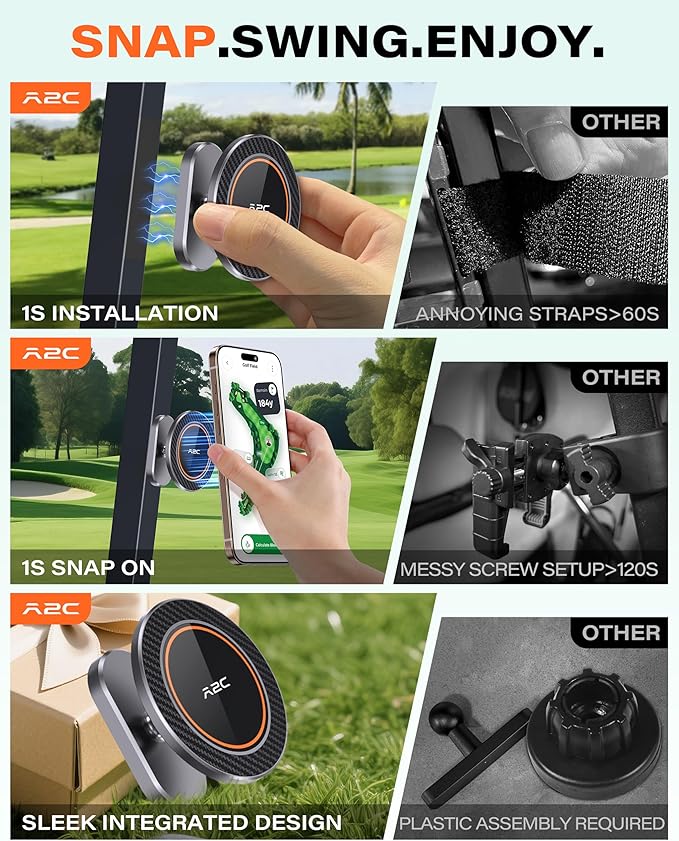 A2C Alloy Magnetic Golf Cart Phone Holder for MagSafe iPhone Golf Gifts Men | Unique Golf Gift for Golfers Dad Him Father Husband Ladies, Golf Accessories Essentials Gadgets Fits EZGO, Club Car, Yamaha