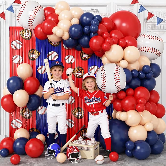 Baseball Party Decorations Balloon Arch Kit with 2 Baseball Foil Fringe Curtains, Baseball Decorations for Boys Sports Birthday, Game Day, Senior Night, Team Celebration Party Supplies