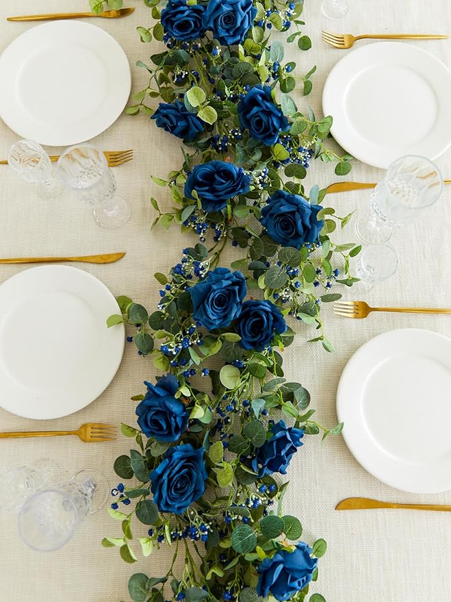 Anna's Whimsy 5.91FT Artificial Eucalyptus Garland with Flowers, Fake Rose Gypsophila Garland, Faux Floral Garlands for Wedding Spring Home Party Craft Art Table Runner Decor (Blue, 1)
