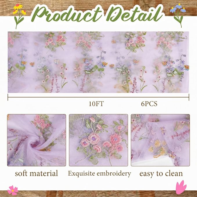 Purple Floral Table Runner 10ft Embroidery Tulle Spring Wildflower Gauze Table Runner Seasonal Summer Butterfly Kitchen Dining Decoration for Wedding Baby Shower Birthday Party (6 Pcs)