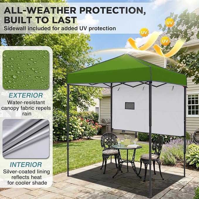 EAGLE PEAK 6x4 Instant Pop Up Canopy Tent with 1 Half Wall Panel, Straight Leg Sun Shelter, Portable Canopy with Carry Bag for Camping, Beach & Sports, Grass Green
