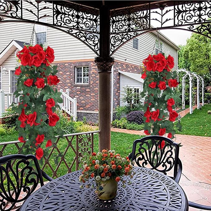 RECUTMS Artificial Red Roses Fake Hanging Flowers Plants, 2PCS 37 Inches Silk Floral Ivy Garland for Indoor Outdoors Home Garden Front Door Porch Wedding Derby Party Arch Valentines Greenery Decor
