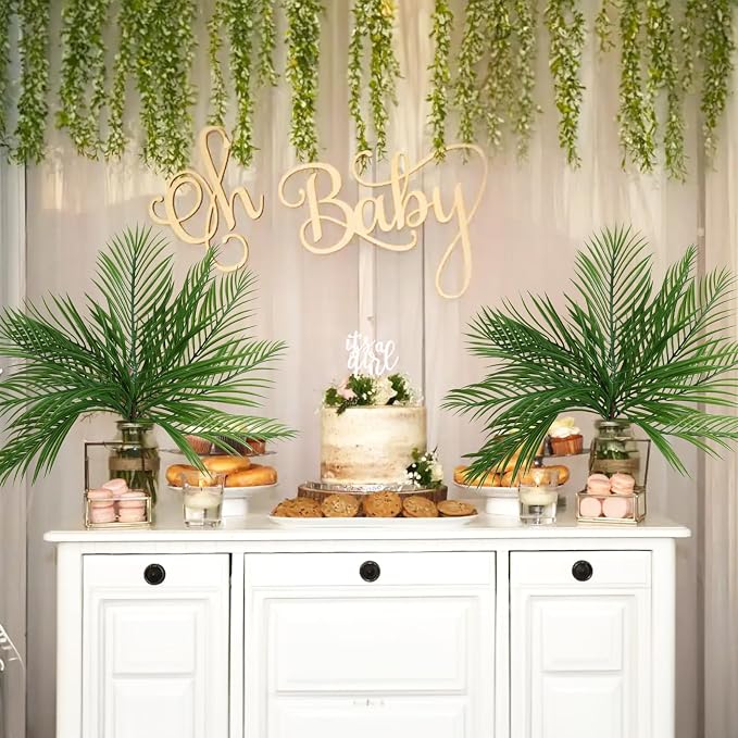 RECUTMS Artificial Palm Plant 2Pcs Fake Tropical Greenery Areca Palm Leaves Bush 20Inches Monstera Leaf Tree Branches for Home Office Garden Jungle Hawaiian Beach Party Outdoor Indoor Decor