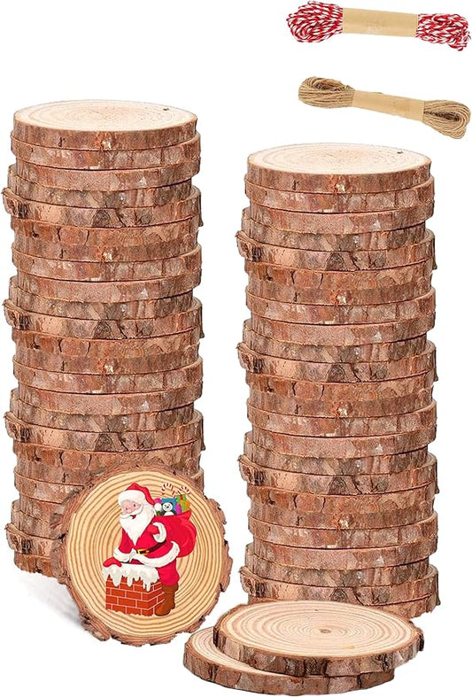 Wood Slice Ornaments 54 Pcs 2.4-2.8 Inches,Unfinished Natural Wood Cookies,Predrilled with Hole Wood Slices for Crafts,Christmas Ornaments Wedding Decorations etc. ﻿