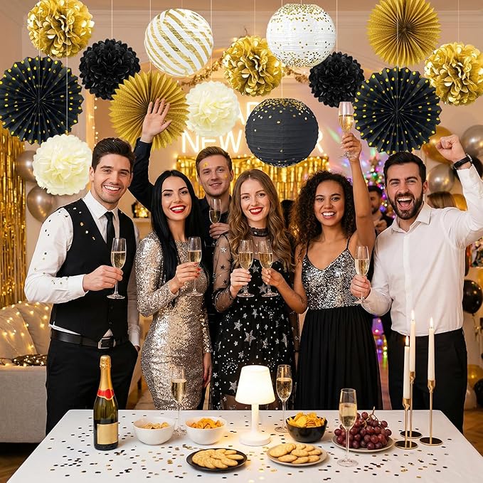 ADLKGG Black and Gold Party Decorations, 14 Pcs Hanging Paper Fans, Lanterns, Pom Poms, Photo Backdrop for Class of 2026 Graduation, Men's Birthday, Great Gatsby Theme Party