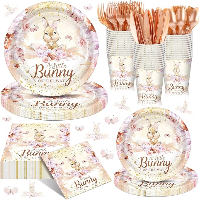 168 Pcs Bunny Baby Shower Decorations A Little Bunny Is on The Way Baby Shower Party Supplies Pink Easter Rabbit Disposable Tableware Set Serve 24