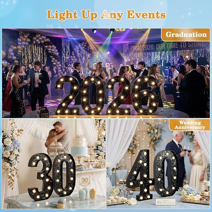 12.6 Inch LED Black Marquee Light Up Numbers, 60th Birthday Decorations Number Lights as Gifts for Women Men, Glitter Lighted Marquee Numbers for Black Anniversary Party Table Decor, 60