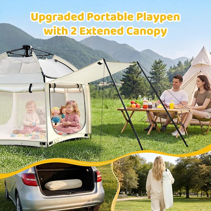 Dripex Upgraded Pop Up Playpen w/t 2-Side Canopy Extension & Built-in Pad,Quick Foldable Indoor/Outdoor Baby Playpen w/t One-Click Safe Lock,2-Side Roll-Up Door,Travel Pop and Go Beach Play Pen Beige