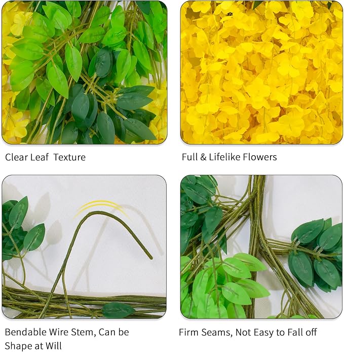 48 Pack Wisteria Hanging Artificial Flowers Fake Flowers Ratta Hanging Garland Silk Flowers String for Home Garden Party Wedding Backdrop Arch Decor (Yellow)