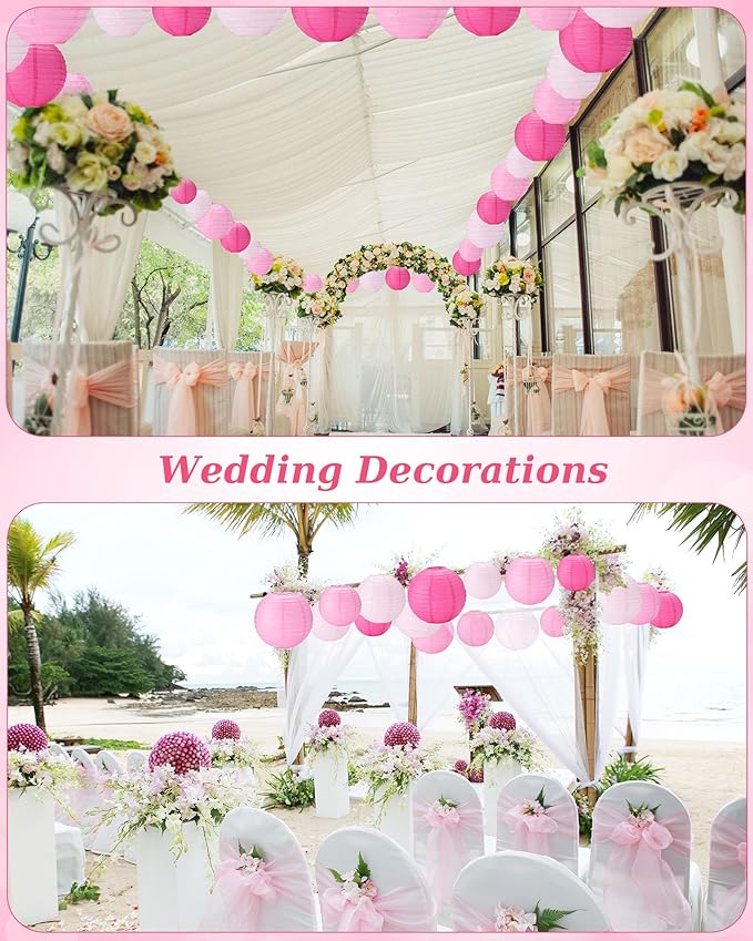 Treela 48 Pcs Paper Lanterns Party Decorations Chinese Round Paper Decor 4/6/8/10 Inch Asian Hanging Lamps Decorative for Graduate Wedding Birthday Party Bridal Parties Supplies(Pink Series)