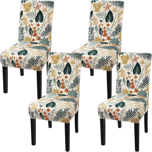 Fuloon Chair Covers for Dining Room 4 Pack, Printed Stretch Dining Slipcovers, Washable Kitchen Slip Covers for Parson Chair Leaves Cluster Printed, Set of 4