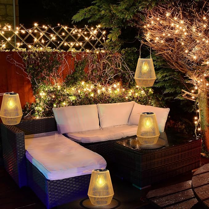Solar Lanterns Outdoor Waterproof, KagoLing Solar Lanterns Outdoor Gifts for Women Mom Grandma Hanging Solar Lights Outdoor Handwoven Rattan Garden Decor for Outside, Patio, Yard, Porch, Lawn, 4 Pack