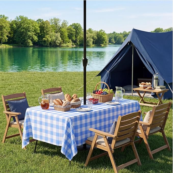 Poise3EHome Rectangle Outdoor Tablecloth with Umbrella Hole and Zipper,Blue Gingham 104x60 Inch,Polyester SpillProof Washable Table Cloth for Spring Summer Patio Garden Poolside Picnic Camping BBQS