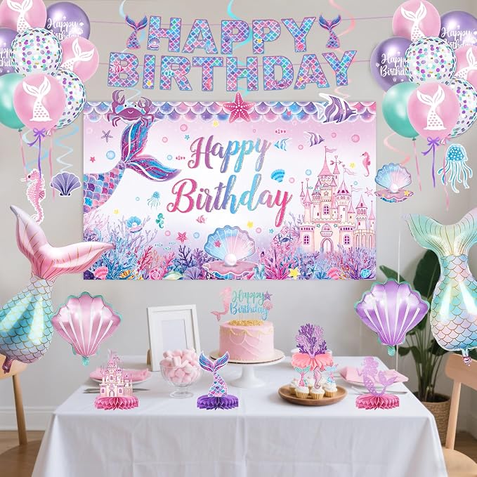 Mermaid Birthday Decorations – Includes Banner, Backdrop, Foil & Latex Balloons, Hanging Swirls, Cake & Cupcake Toppers, Honeycomb Centerpieces for Girls Mermaid Party Decorations