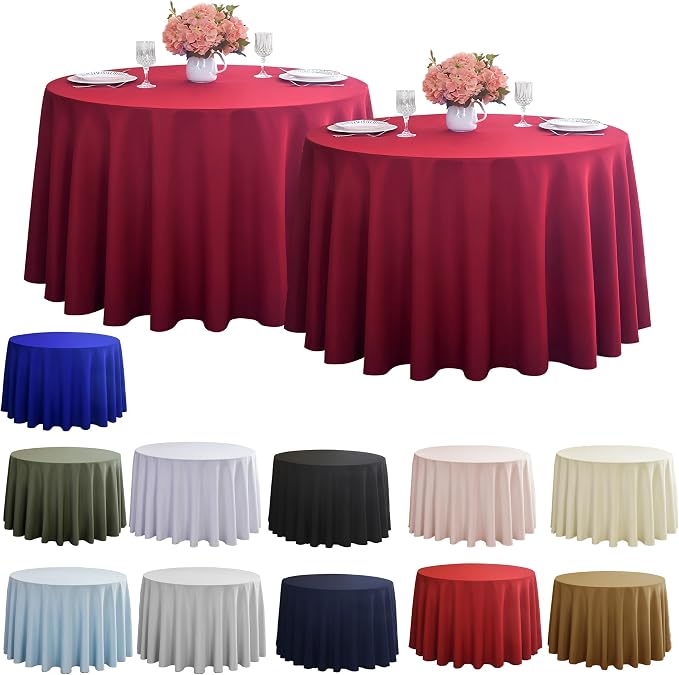 2-Pack Round 90-inch Burgundy Table Cloths, Solid Stain and Wrinkle Resistant Circular Tablecloth, Premium Plain Weave Polyester Fabric Table Linen Covers for Hotel, Banquet