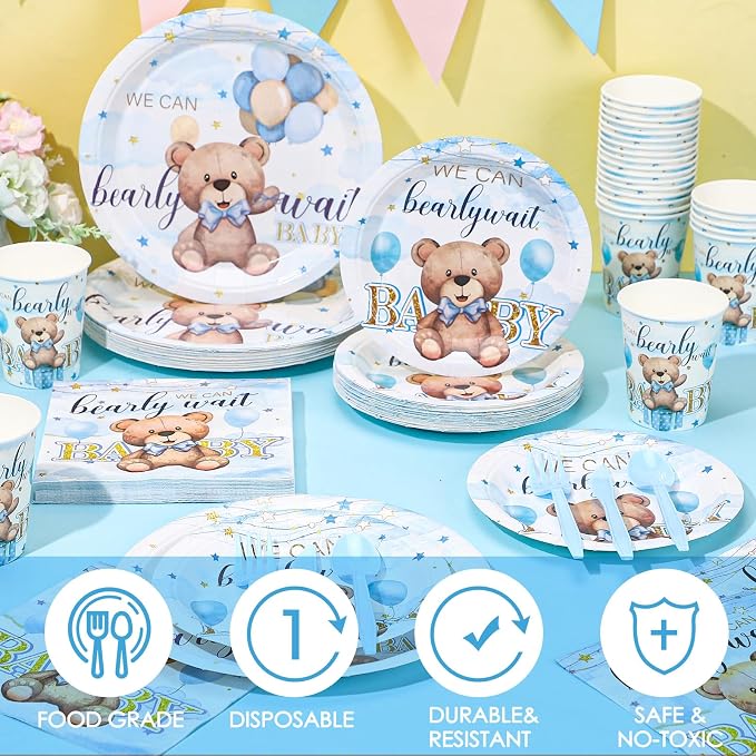 Sliner 175 Pcs We Can Bearly Wait Blue Bear Plates Napkin Cups Knives Party Supplies Disposable Cups Paper Tableware Set Baby Shower Decorations for Boy Gender Reveal Tableware Set Serves 25 Guests