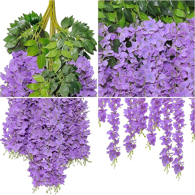 Pauwer Wisteria Hanging Flowers 24 Pack Fake Flower Garland Artificial Wisteria Vines Rattan Silk Flower String Wedding Party Wall Decorations,Purple