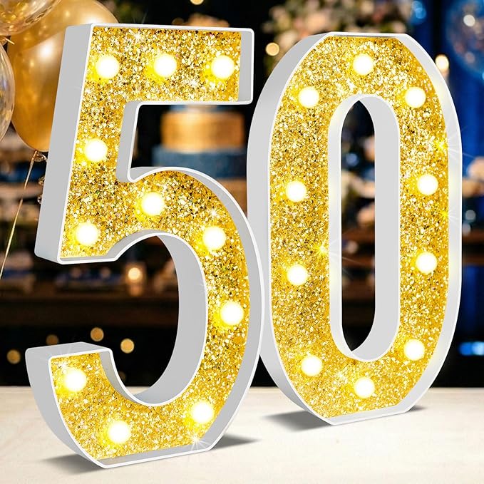 12.6 Inch LED Gold Marquee Light Up Numbers, 50th Birthday Decorations Number Lights as Gifts for Women Men, Glitter Lighted Marquee Numbers for Golden Anniversary Party Table Decor, 50