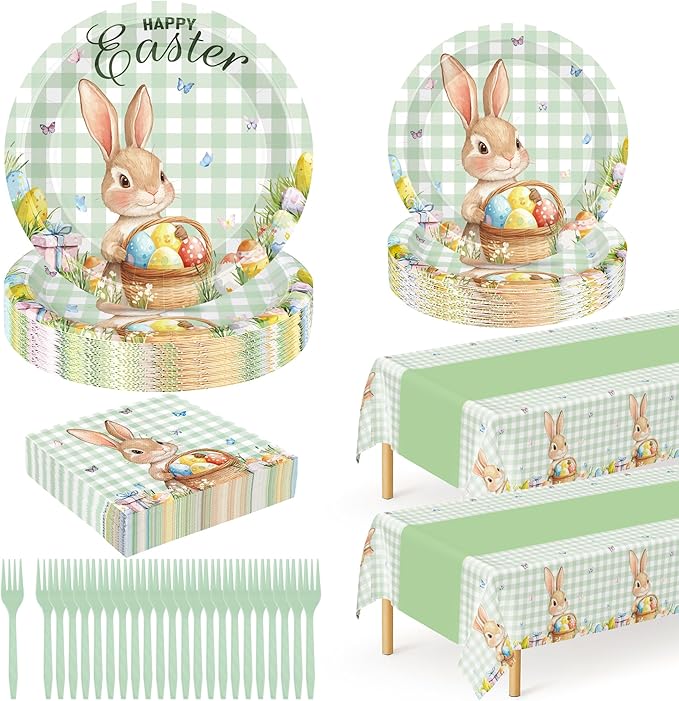 122 Pcs Easter Plates and Napkins Set, Disposable Bunny Eggs Dinnerware Easter Decorations, Sage Green Paper Plates, Napkins, Fork and Tablecloth for Spring Celebrations Party Favors, Serve 30 Guests