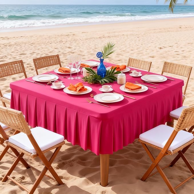Wish Care Hot Pink Spandex Tablecloths for 48x48 Inch Square Tables, Stretch Fitted Table Clothes with Pleated Ruffle Skirt for 48” Table, Wrinkle Free and Elastic, for Party Kitchen Home Dining