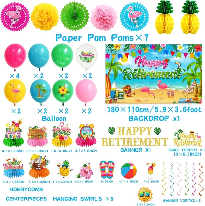 Beach Retirement Party Decorations, Aloha Party Decorations includes Happy Retirement Banner Hawaiian Backdrop and Hanging Swirls Honeycomb Centerpieces, for Aloha Decor