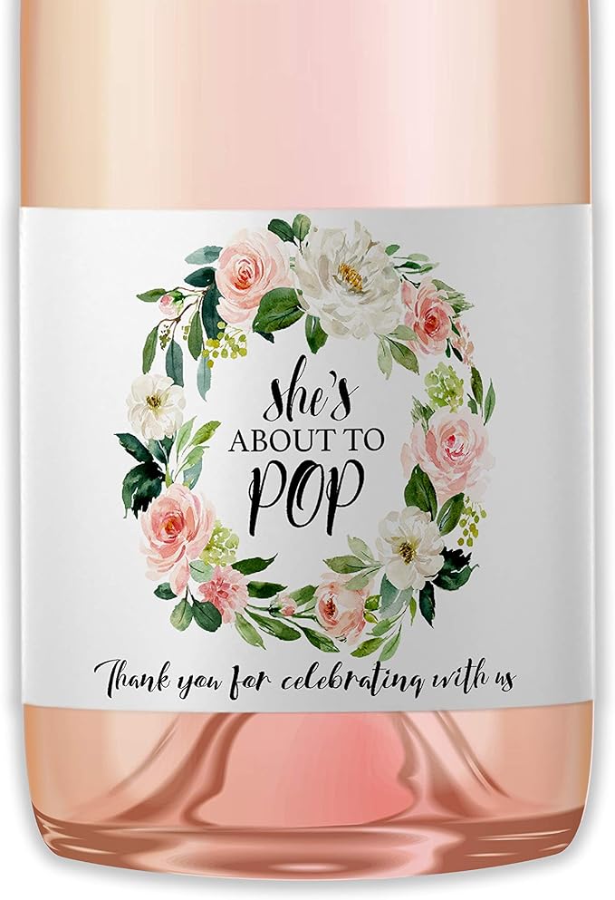 It’s a Girl Mini Champagne Bottle Labels ● SET of 12 ● She’s Ready To POP Baby Shower Favor Label, About to POP Thank You Favors, Pink Baby Shower Gender Reveal Stickers Waterproof (Blossoms)
