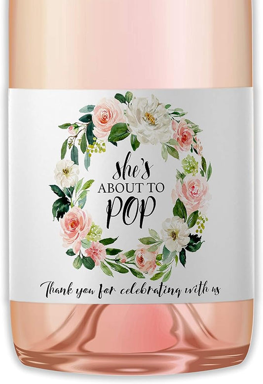 It’s a Girl Mini Champagne Bottle Labels ● SET of 12 ● She’s Ready To POP Baby Shower Favor Label, About to POP Thank You Favors, Pink Baby Shower Gender Reveal Stickers Waterproof (Blossoms)