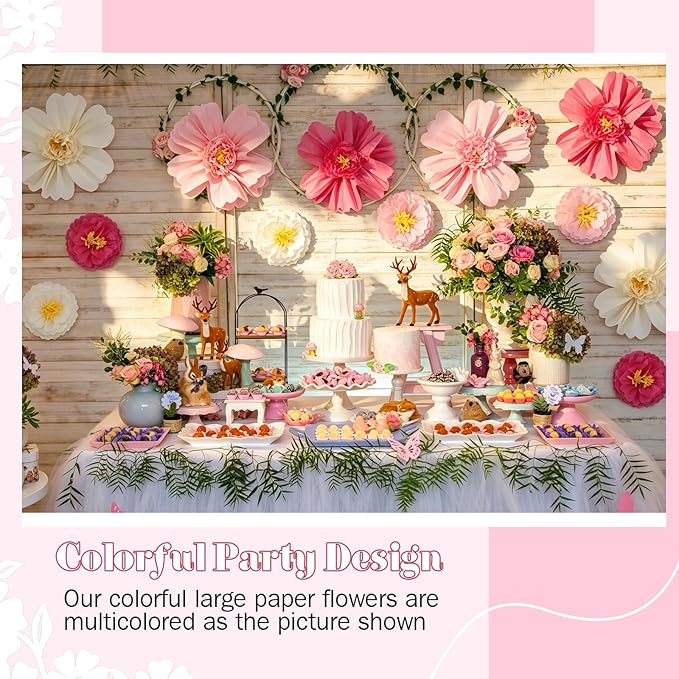 Crowye 12 Pcs Large Colorful Tissue Paper Flowers Decorations Giant Fiesta Craft Crepe Paper Flowers for Wall Decor Backdrop Mexican Wedding Birthday Carnival Party (10'' 20'',Pink Color)