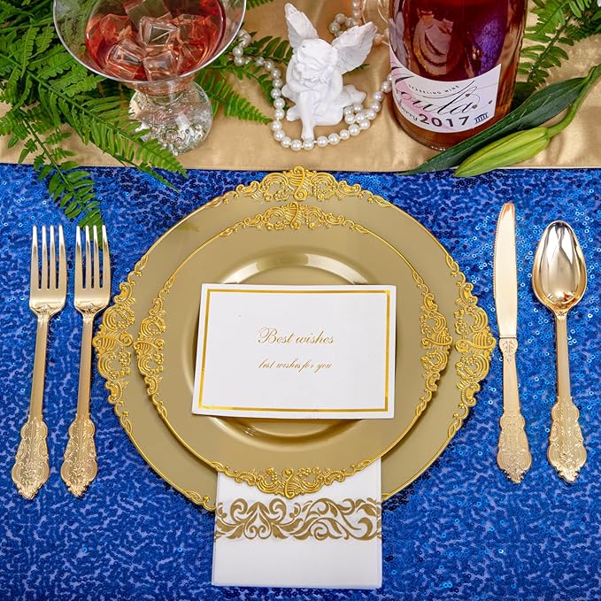 Morejoy 175PCS Solid Gold Plastic Plates with Gold Rim, Disposable Dinnerware Sets Include 25 Dinner Plates,25 Dessert Plates,25 Cutlery Sets,25Cups,25 Napkins Perfect for Party & Wedding