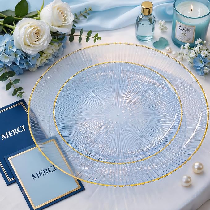 DaYammi 60Pcs Blue Plastic Plates with Gold Rimmed - Disposable Blue Plates Set Includes 30 Dinner Plate & 30 Salad Plates, Radial Texture plates Perfect for Party Wedding Dinner & Catering Events