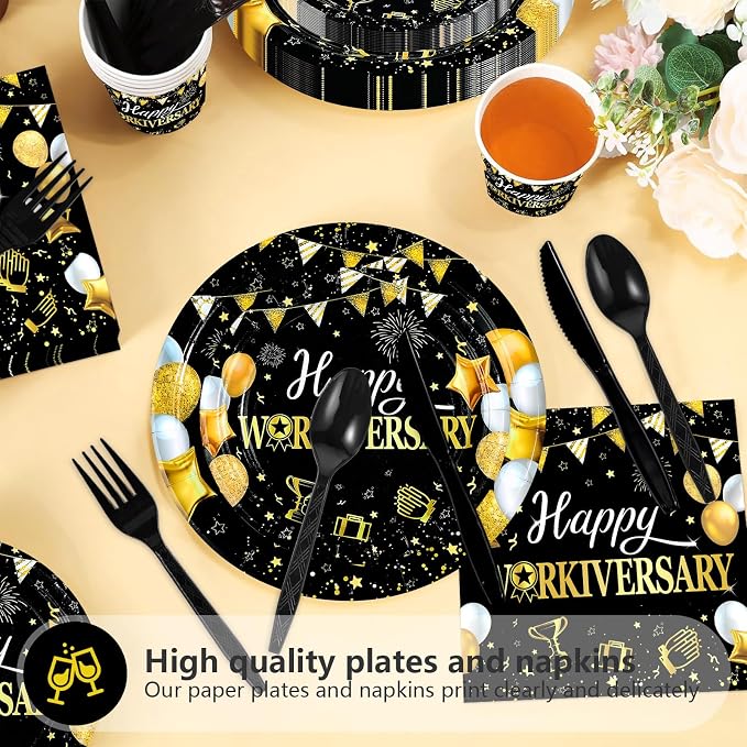 168Pcs Happy Workiversary Party supplies for Men Women, Serves 24 | Black Gold Happy Work Anniversary Plates and Napkins Cups Tableware Set for Worker Employee Appreciate Office Decorations