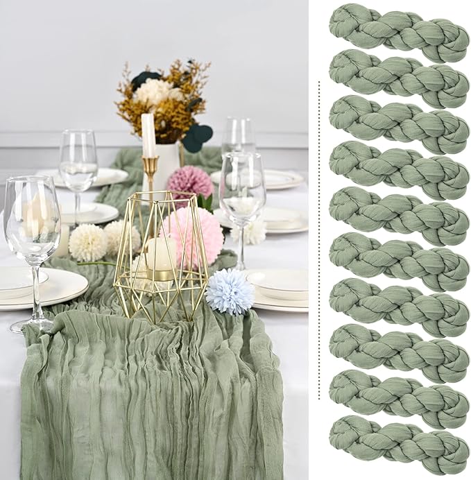 Showgeous 10 Pack Sage Green Cheesecloth Table Runner, 10FT Long Semi-Sheer Boho or Rustic Gauze Table Runner Wedding Table Decor for Wedding Arch Draping Bridal Shower Holiday Party St Patricks Day
