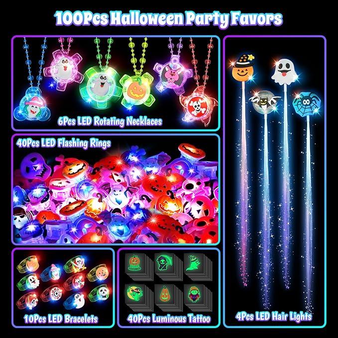 ShyLizard 100Pcs Halloween Party Favors for Kids-Halloween Glow in the Dark Party Supplies,Halloween Light Up Necklace Flash Rings,Non-Candy Trick or Treat Goodie Bag Fillers,Classroom Favors Gifts