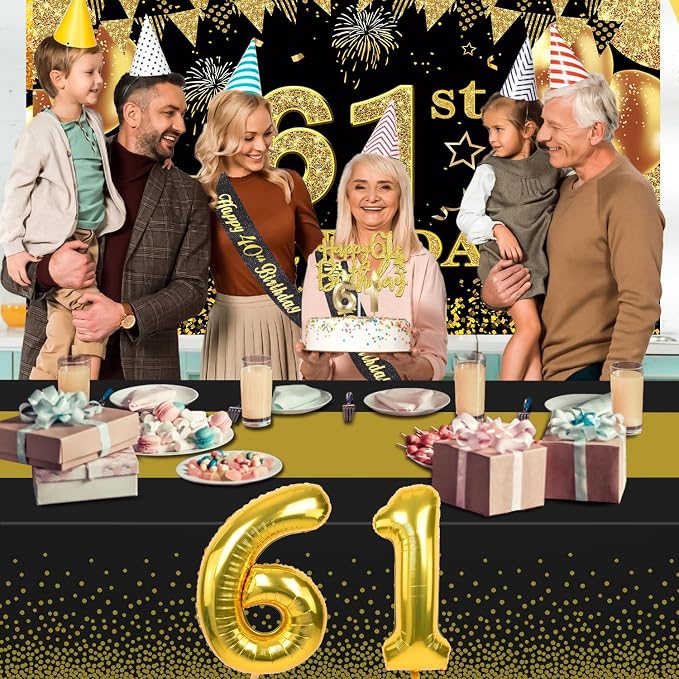 61st Birthday Decorations Men Women with 61st Birthday Banner, Black and Gold Table Cloth, Number Balloons, Large Sash, Cake Topper and Candles