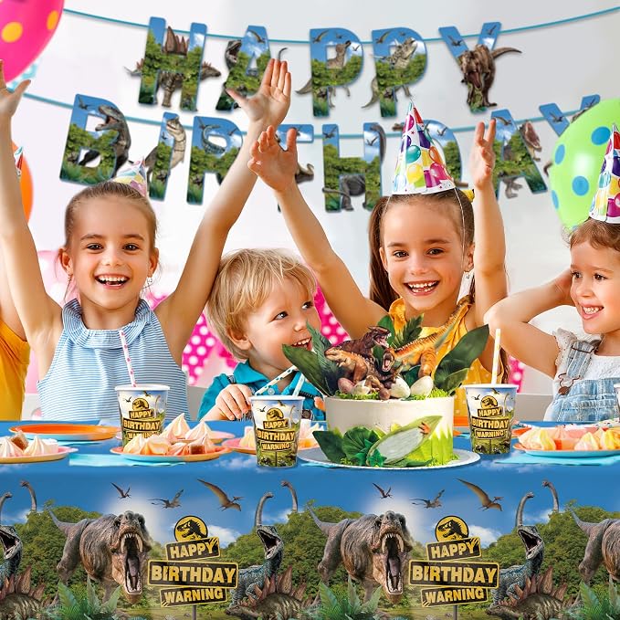 Dinosaur Birthday Party Supplies Disposable Paper Plates Napkins Cups Tablecloth and Banner for Dinosaur Party Decorations , Serve 25