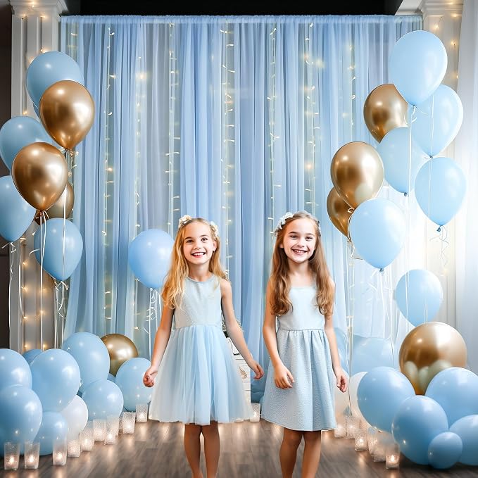10x10ft Baby Blue Tulle Backdrop Curtain with Lights String for Parites, Sheer Photo Backdrop Curtains with Lights for Wedding Backdrop Ceremony Reception Bridal Shower Baby Shower Birthday Party