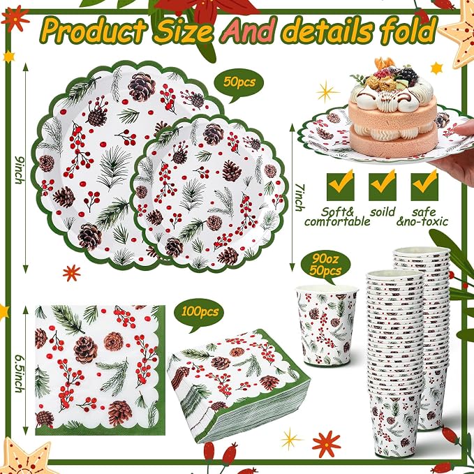 Domensi 250 Pcs Christmas Party Supplies Holly Leaf Berries Christmas Paper Plates and Napkins Cups Disposable Plates Napkins Tableware Set for 50 Guests for Xmas Winter Holiday Decoration