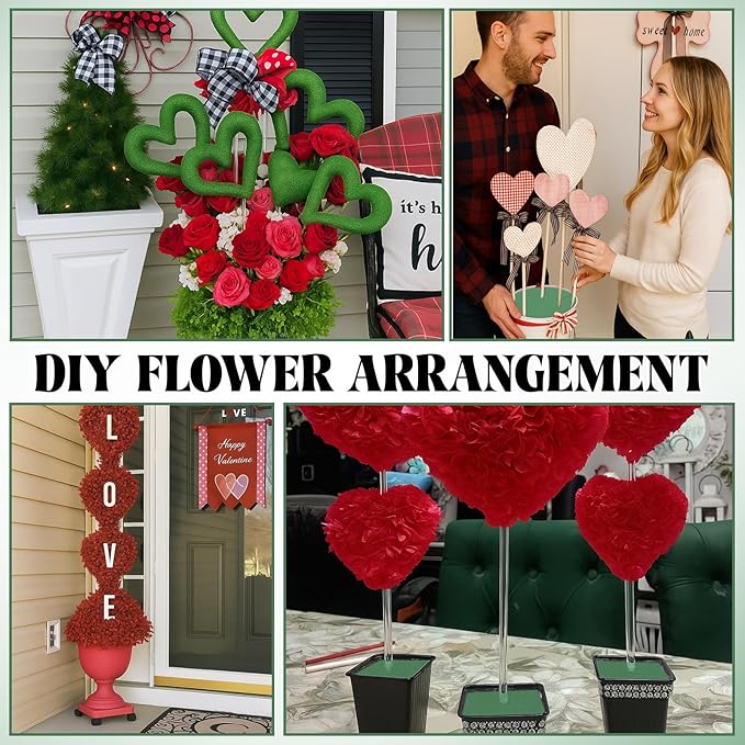 Pangda 6 Pcs Heart Shaped Floral Foam Wet Florist Foam Blocks with 12 Pcs Clear Plant Support Stakes DIY Flower for Wedding Bridal Shower Anniversary Party Table Centerpiece Decoration, 8"x 8" x 1.47"