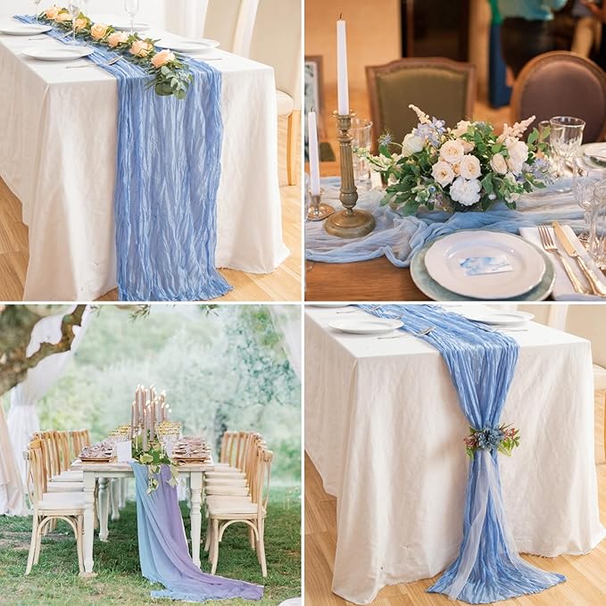 15 Pack Cheesecloth Table Runner 10Ft Cheese Cloth Table Runner 35 x120Inch Romantic Boho Table Runners for Wedding Banquet Birthday Party Engagement Baby Bridal Shower Engagement Decor(Dusty Blue)
