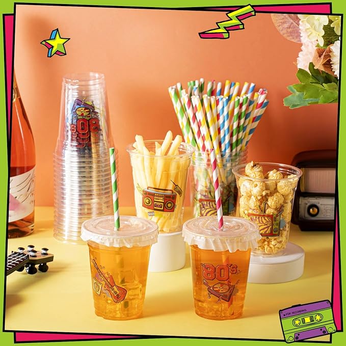 FoldTier 50 Pcs 80's Party Cups Disposable Plastic Cup 12 Oz G Back to 80s mugs Thick 80s Theme Clear mug Lids Straws Retro Music Party Supplies Throwback Dance Birthday Favor Table Decorations