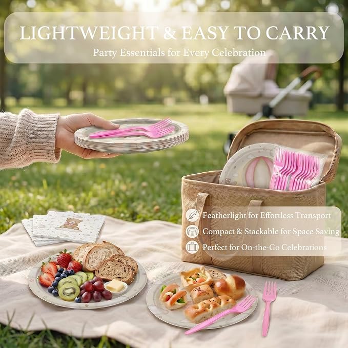 Teddy Bear Baby Shower Plates and Napkins Set for Girl – We Can Bearly Wait Baby Shower Decorations – Serves 20, Paper Plates, Napkins – Bear Party Supplies Decorations Tableware for Birthday