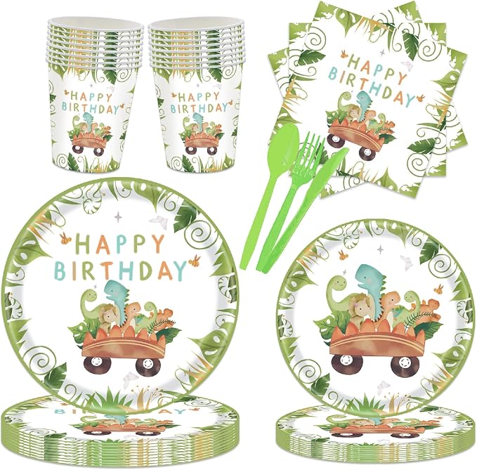 Cartoon Dinosaur Themed Happy Birthday Party Decorations, Plates Napkins Cups Tableware, Dino Backdrop Tablecloth, Happy Birthday Banner, Cake Topper, Colorful Printed Balloons for Kids Adults