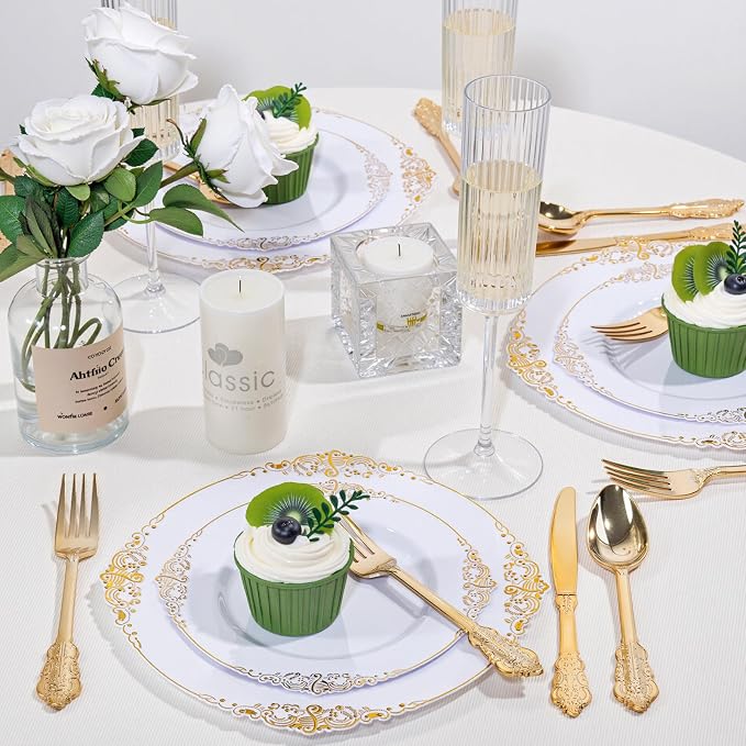 125PCS White and Gold Plastic Plates - Gold Disposable Plates with Plastic Silverware - Vintage Disposable Dinnerware Set for 25 Guests for Wedding Party Dinner Holiday