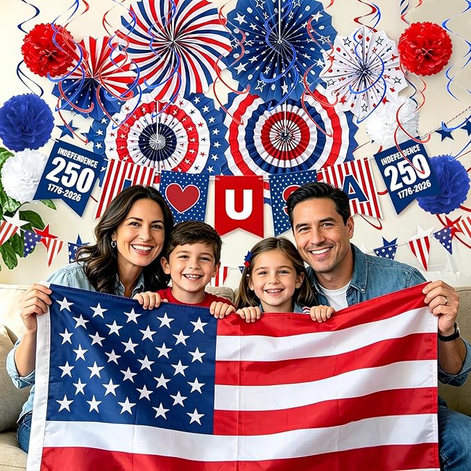 4th of July Decorations 37PCS Patriotic Decorations Red White Blue Paper Fans USA Banner Hanging Swirls Pompom Star Streamer Set for Veterans Day 250th Anniversary Memorial Day