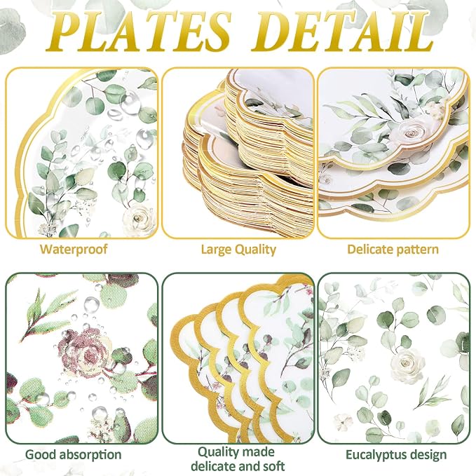 Potchen 452 Pcs Party Supplies Serve 50 Guests, Paper Plates Napkins Cups Cutlery Plastic Tablecloth Dinnerware for Birthday Wedding Party Decoration(Sage Green, Eucalyptus Leaves)