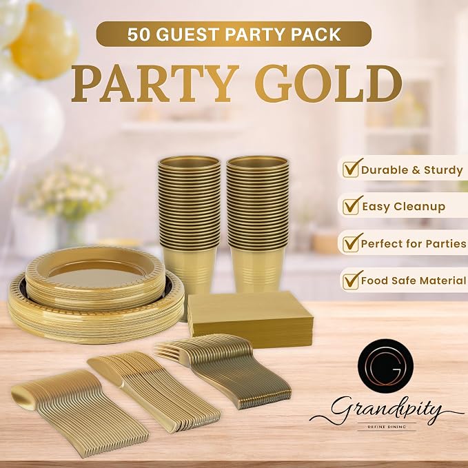 Grandipity 350 Piece Gold Disposable Dinnerware Set, Includes 50 of Each: 9" Dinner Plates, 7" Dessert Plates, 12oz Cups, Paper Napkins, Forks, Knives & Spoons