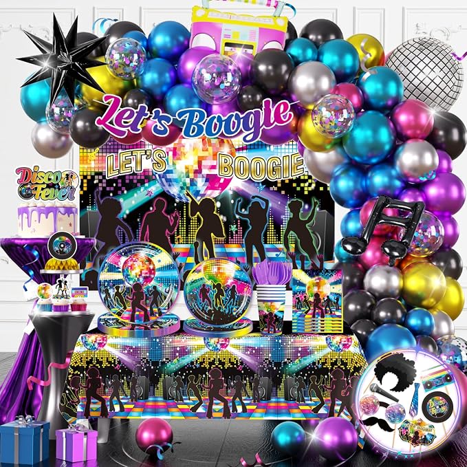 301pcs Disco Party Decorations for 70s, All-in-one 70s Party Decorations for 25 Guests, with No-DIY Banner Thick Plates and Disco Balloon Arch, Disco Photo Booth Props, Easy Setup for 70s Party